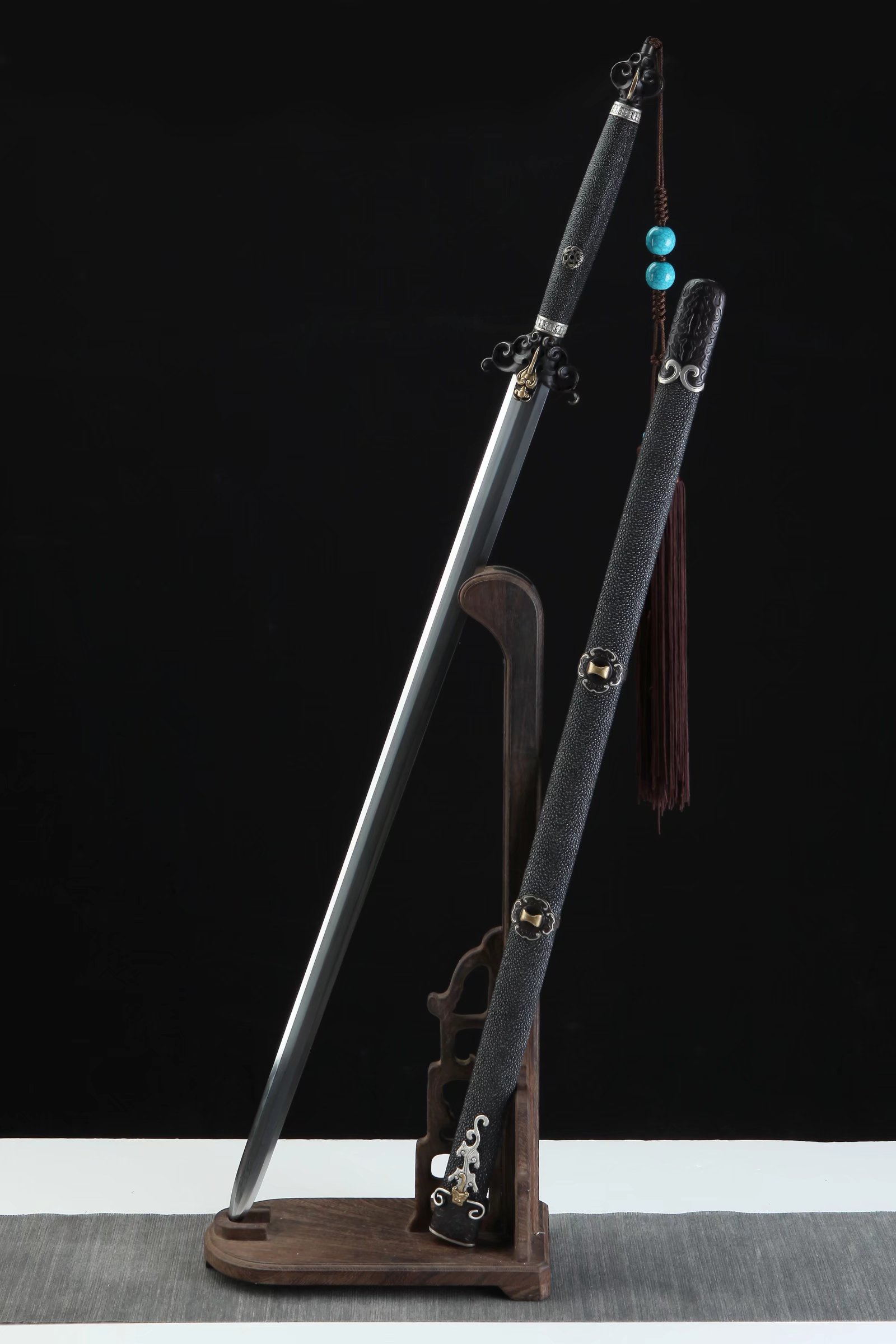 龙泉刀清剑镇宝剑唐剑刀具 花纹钢鱼皮 纯铜装具防身冷兵器未开刃