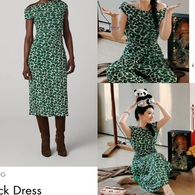 刘亦菲同款绿莓果花斜肩连衣裙