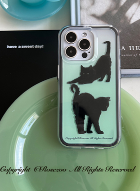玫瑰动物园原创黑色小猫imd二合一圆边手机壳适用于苹果14/15pro新款iphone16promax高级ins风全包防摔手机壳