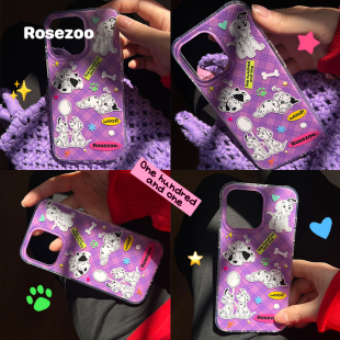玫瑰动物园可爱小狗紫色格子双层光面15pro手机壳适用于苹果16promax新款 iphone17promax全包防摔韩国手机壳