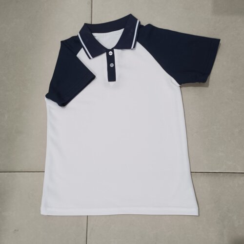 中高小学生夏季校服网眼珠地棉短袖T恤polo领白色拼藏蓝袖子中性
