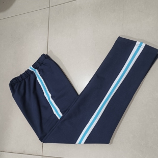 订做纯棉中小学生男女校服裤深藏蓝色拼白宽杠上浅蓝条休闲运动裤