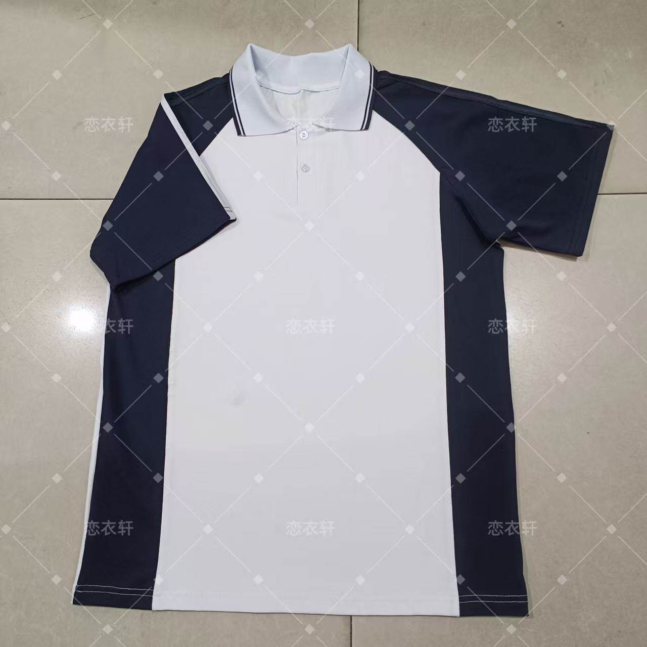 中高小学纯棉校服短袖白色拼藏蓝袖藏蓝领子休闲运动中性款可定制