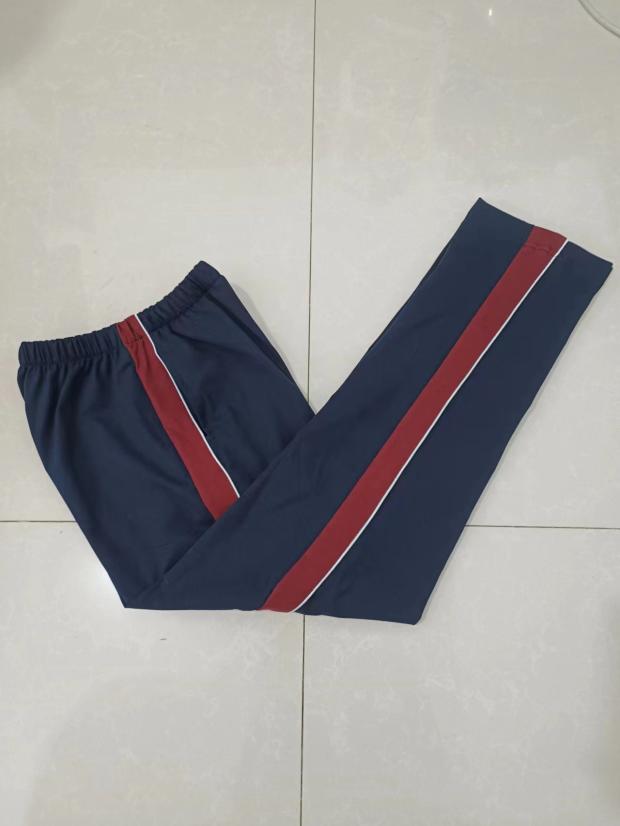 订做中小学纯棉校服裤子藏蓝拼酒红宽杠前加白细条休闲校裤中性款