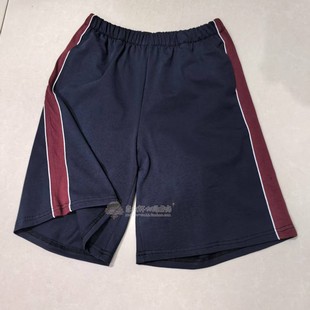 中高小学生藏蓝色拼酒红宽杠白细条短裤 宽松休闲五分 夏季 纯棉薄款