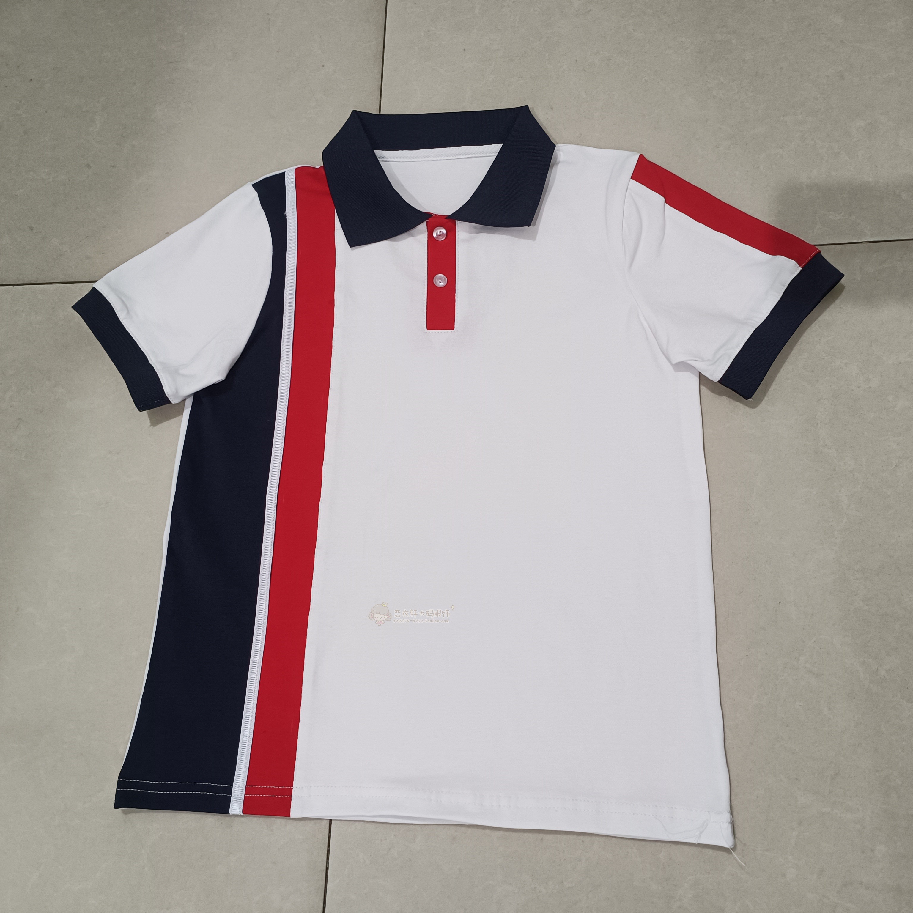 中高小学生校服短袖夏季纯棉薄款T白色拼藏蓝红贴白条班服POLO衫