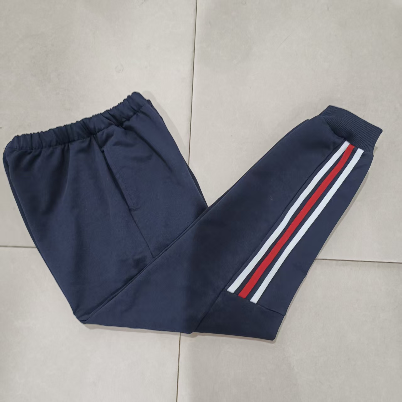 纯棉中高小学生男女校服深藏蓝色部分白红白条束口运动休闲校裤子