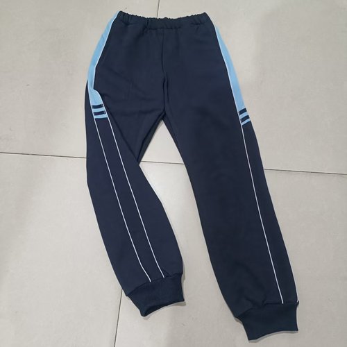 中高小学生校服长裤藏蓝色上部分拼浅蓝宽杠前后加白细条运动校裤