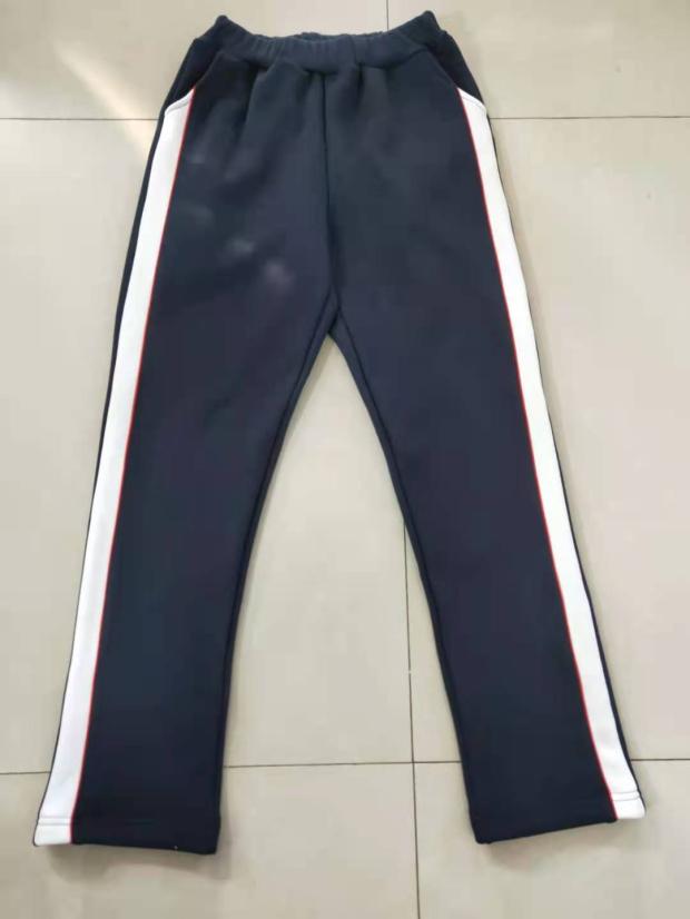 订做中小学生纯棉校服裤深藏蓝色拼白宽杠前加一大红细条直筒长裤