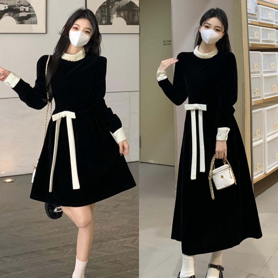 实拍大码秋冬连衣裙女高档赫本风法式丝绒显瘦复古气质内搭长裙