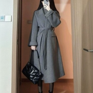 灰色呢子大衣女中长款2025秋冬新款毛呢外套冬天小个子高级感韩系