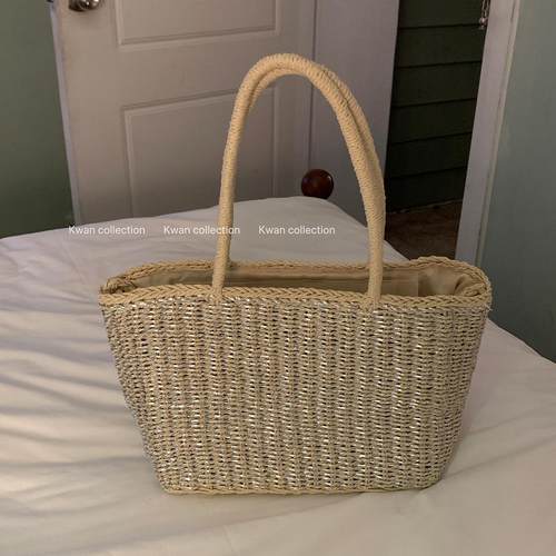 韩系银色编织草编包海边沙滩度假