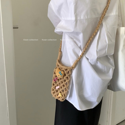 kt猫咪手工编织镂空手机包斜挎包