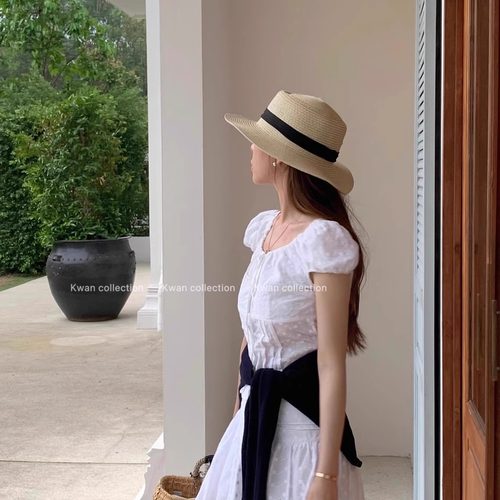 夏季法式平顶礼帽编织帽度假出游