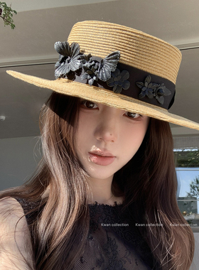 KWAN法式复古花朵蝴蝶平顶礼帽度假海边沙滩春夏遮阳帽编织草帽女
