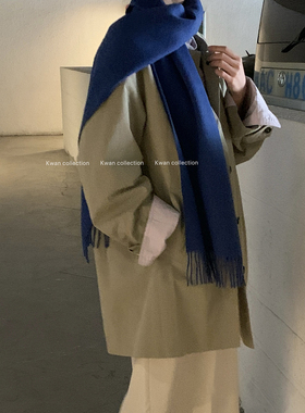 KWAN宝蓝色100%羊毛围巾女秋冬保暖韩系百搭流苏围脖披肩2025新款