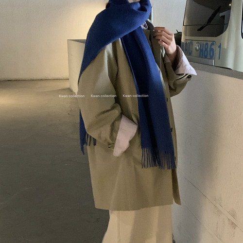 韩系宝蓝色100%羊毛围巾百搭保暖