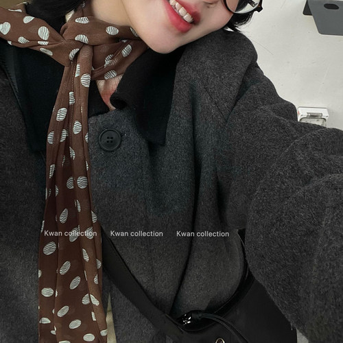 韩版棕色波点丝巾女小众高级感