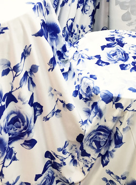 蓝色印花牛奶丝面料 四面弹力布料 连衣裙瑜珈裤子服装舞蹈练功服