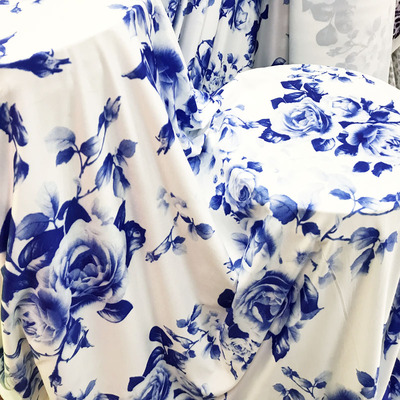 蓝色印花牛奶丝面料 四面弹力布料 连衣裙瑜珈裤子服装舞蹈练功服