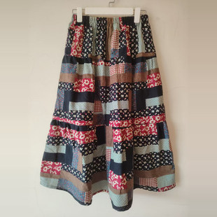棉麻印花长裙 格子补丁风方格子几何半身裙 松紧裙子 亚麻裙 春季