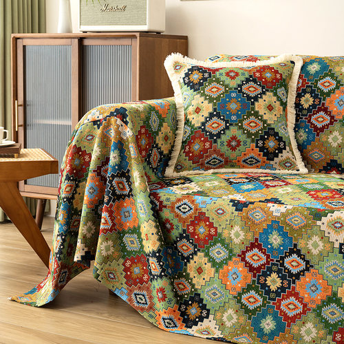 提花工艺涤棉民族风沙发盖巾