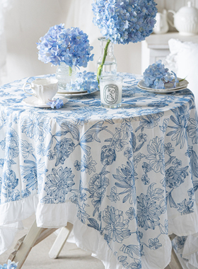 法式荷叶边纯棉刺绣防泼水桌布圆桌方桌茶几布下午茶布置纯棉台布