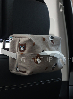 纸巾袋车载纸巾盒挂式客厅布艺纸巾套抽纸盒精致重工纯棉刺绣小猫