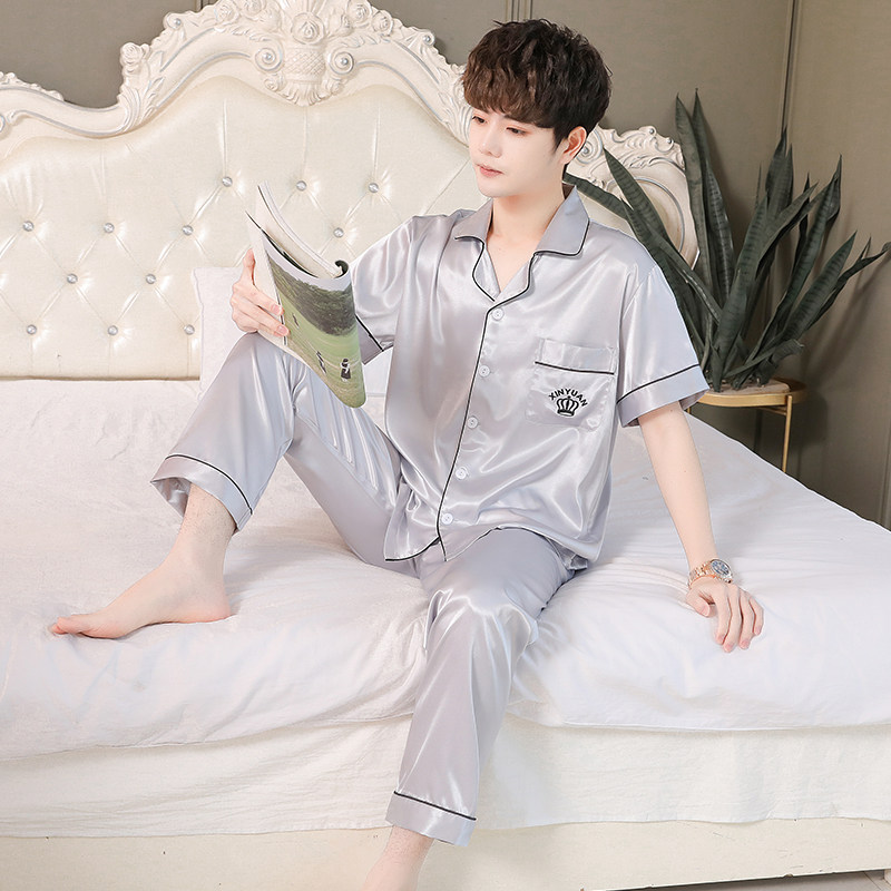 睡衣男夏季冰丝薄款短袖男款套装长裤青年家居服宽松丝绸男士夏天