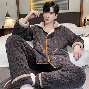 秋冬款珊瑚绒睡衣男士加厚加绒冬季保暖法兰绒家居服冬天男款套装