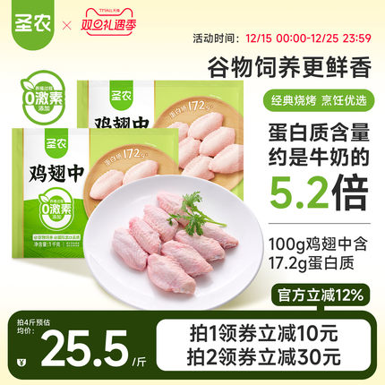 圣农养殖鸡翅中2斤养殖0激素无添加冷冻生鲜鸡中翅鲜嫩安心鸡肉