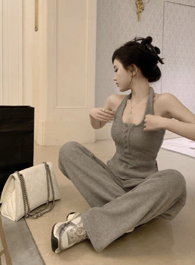 小个子阔腿运动休闲长裤女春夏2025新款灰色挂脖吊带上衣卫裤套装