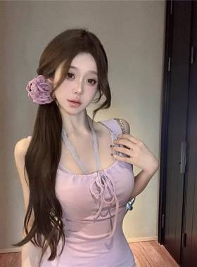 小个子紫色系带吊带连衣裙女夏季新款纯欲风紧身收腰针织包臀短裙