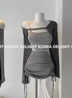 纯欲风辣妹吊带上衣抽绳短裙披衫外套三件套春秋冬新款美式穿搭女