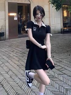 2023年新款 法式 气学姐polo领连衣裙女夏装 小众元 复古黑色包臀短裙