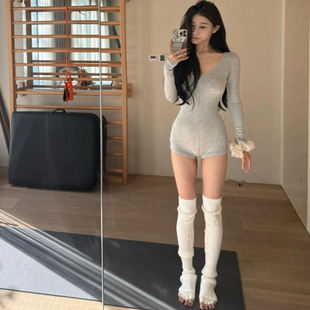 美式高街辣妹拉链长袖连体衣裤女秋冬新款修身显瘦瑜伽服打底裙裤