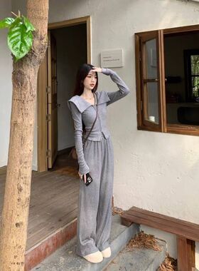小个子阔腿运动休闲长裤女秋冬2023新款灰色翻领外套上衣卫裤套装