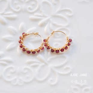 石榴石小圈精致耳环1月生辰石迷你14K包金手工绕线摩羯水瓶守护