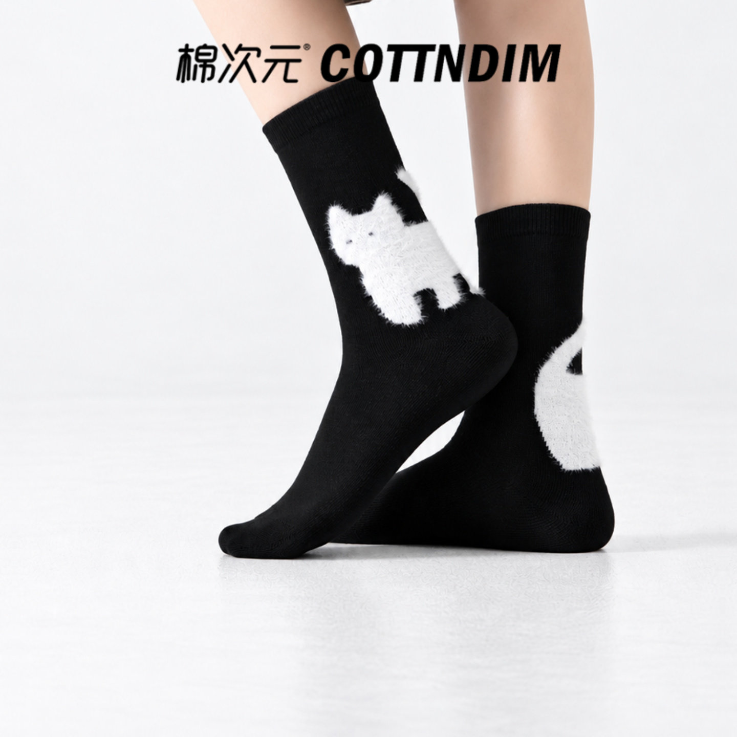 棉次元袜子女秋冬中筒袜黑色卡通猫咪棉袜可爱百搭日常穿搭女袜