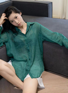 2024夏苎麻长袖衬衫女气质高端法式休闲宽松通勤舒适纯色轻薄防晒