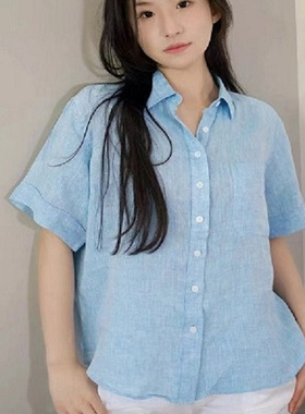 100亚麻短袖湖蓝色衬衫女夏季设计感小众通勤宽松休闲衬衣气质女