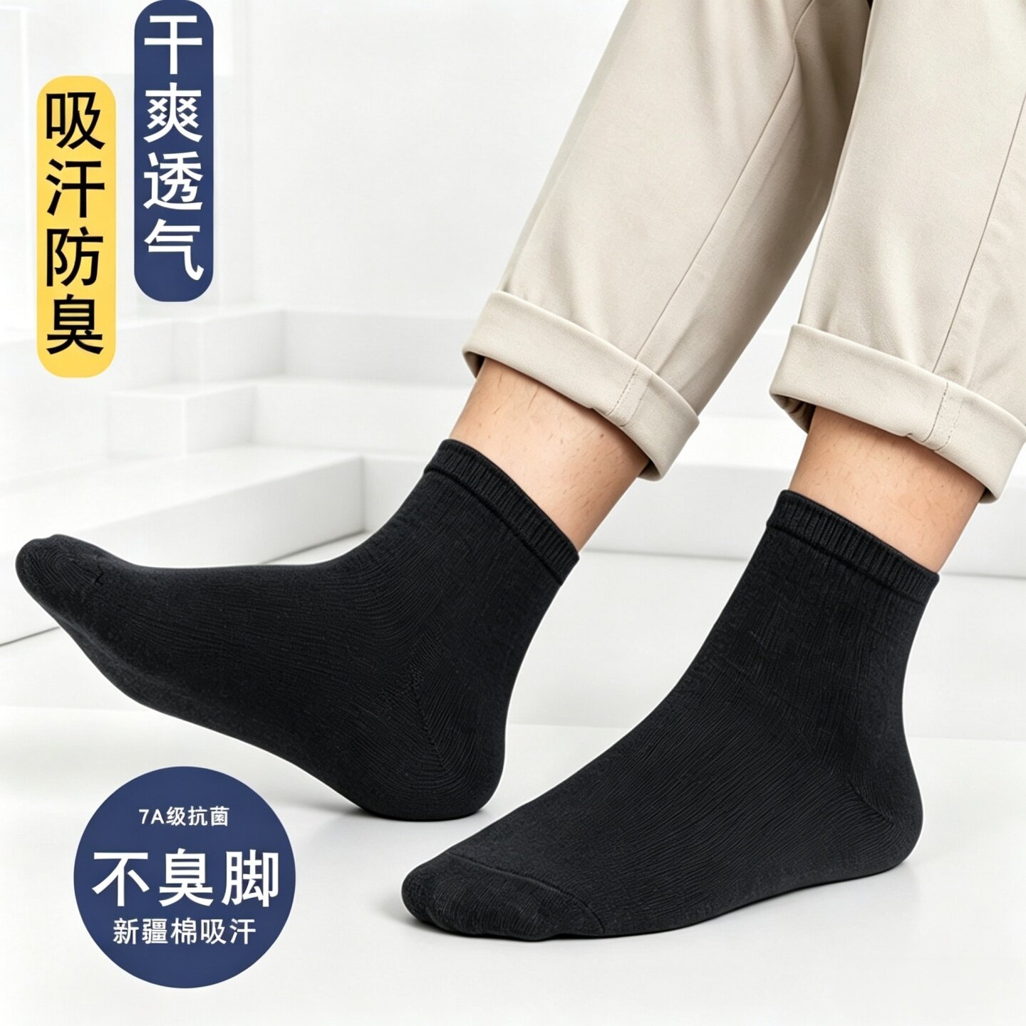 雅鹿男士中筒袜100%纯棉袜子秋冬新疆棉亲肤抗菌防臭黑白色商务袜