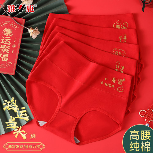 雅鹿女士高腰内裤纯棉本命年红色