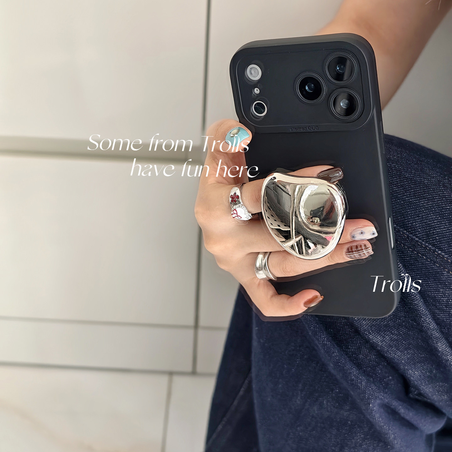 Trolls｜银色水滩 极简系ins风暗黑金属色支架全包防摔手机壳适用华为pura80Pro/mate70小米17苹果16oppovivo