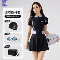 Черный и фиолетовый [купальник + шапочка для плавания + очки для плавания в маленькой оправе + сумка для плавания]