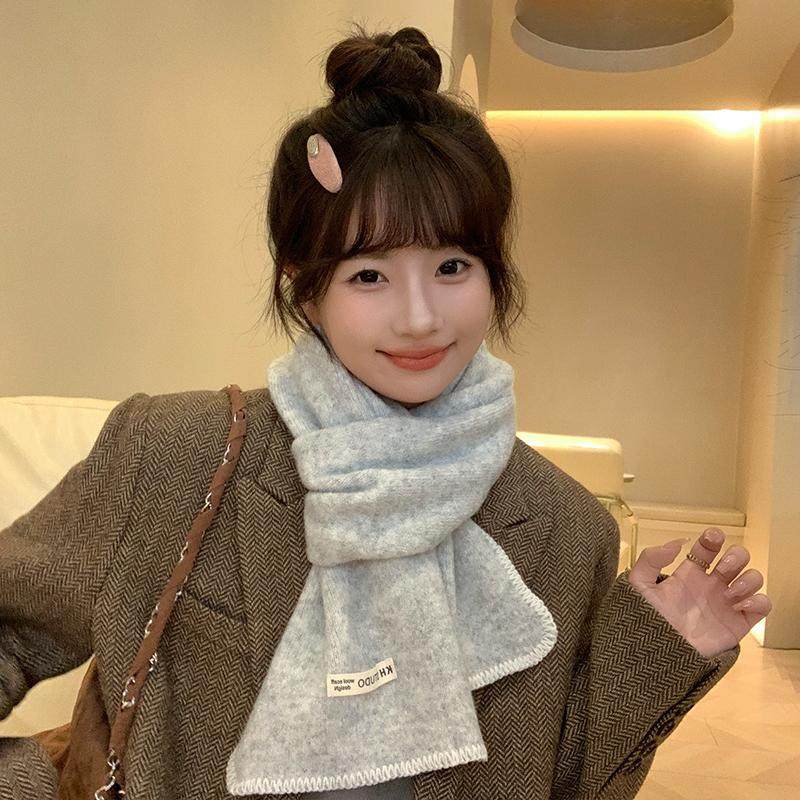 灰色围巾女款2025新款冬韩系氛围感百搭可爱纯色锁边保暖围脖秋冬