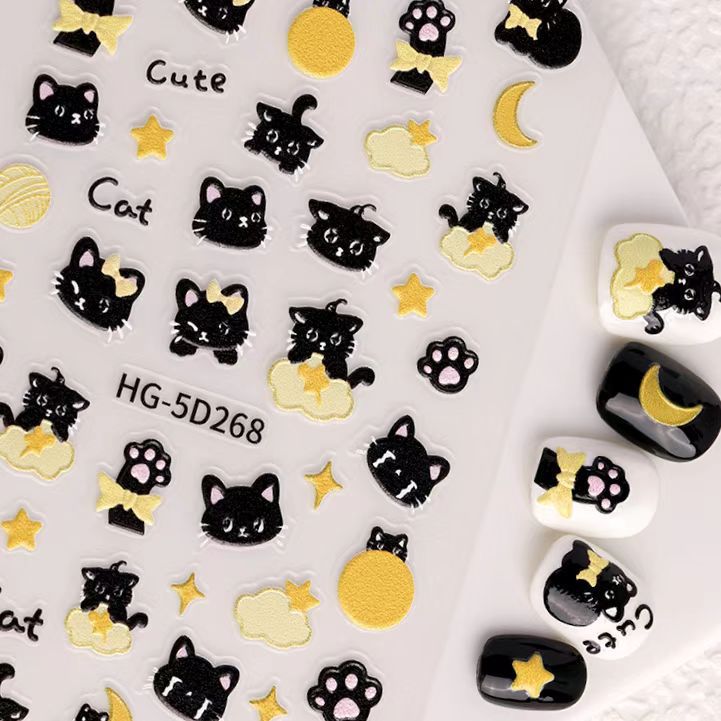ins黑色猫咪浮雕美甲贴纸可爱刘海贴