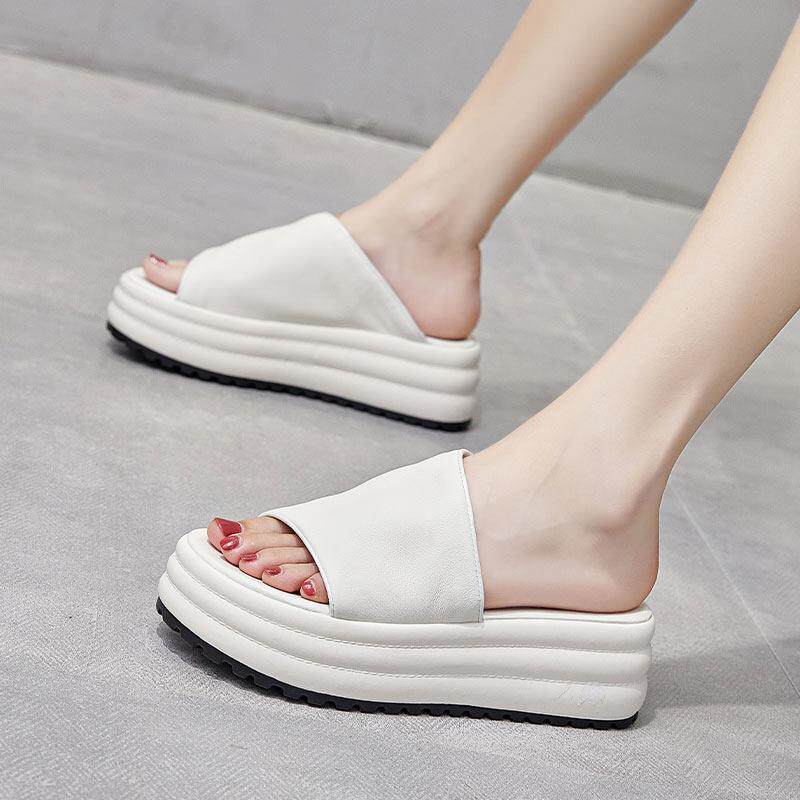 真皮一字拖女鞋夏季韩国百搭厚底仙女风松糕拖鞋女外穿时尚ins潮