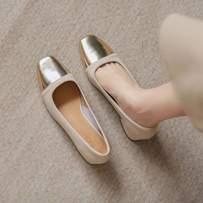 店主自留新款~羊皮拼色小香风低跟单鞋女夏季方头浅口粗跟高跟鞋