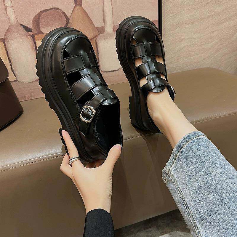 真皮厚底小皮鞋女2025年夏季新款松糕单鞋高级感复古编织罗马凉鞋